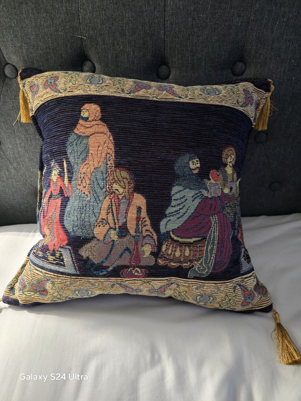 Embroidered Tapestry Pillow with Tassels - Navy Multicolor